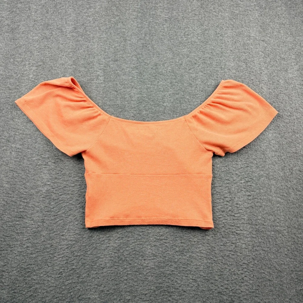 American Eagle Women's XS Orange Ribbed‎ Ruched Front Flutter Sleeve Crop Top